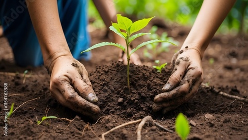 Volunteer hands are planting trees in the earth environmental, reforestation, planting trees, , Plant Health Day