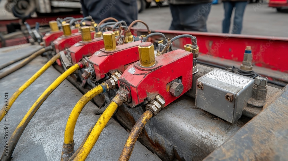 Close-up of red and yellow hydraulic valves and tubing on industrial machinery. Close-up of red and yellow hydraulic valves and tubing on industrial machinery.