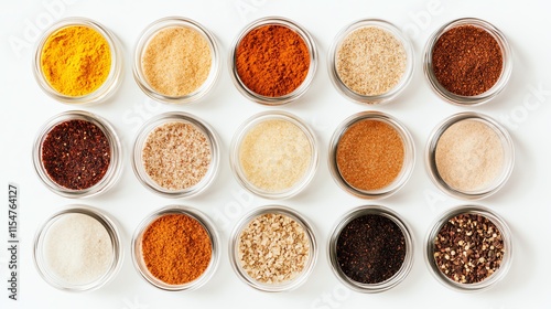 Fototapeta Naklejka Na Ścianę i Meble -  A top-view image of artisanal spice mixes in small glass jars on a white background.--ar 16:9