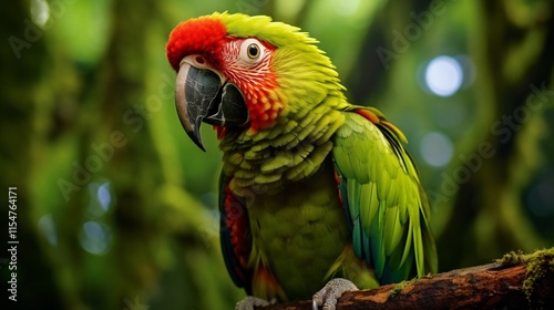 Vibrant green parrot with a playful curious expression perched on a branch in a lush verdant rainforest environment