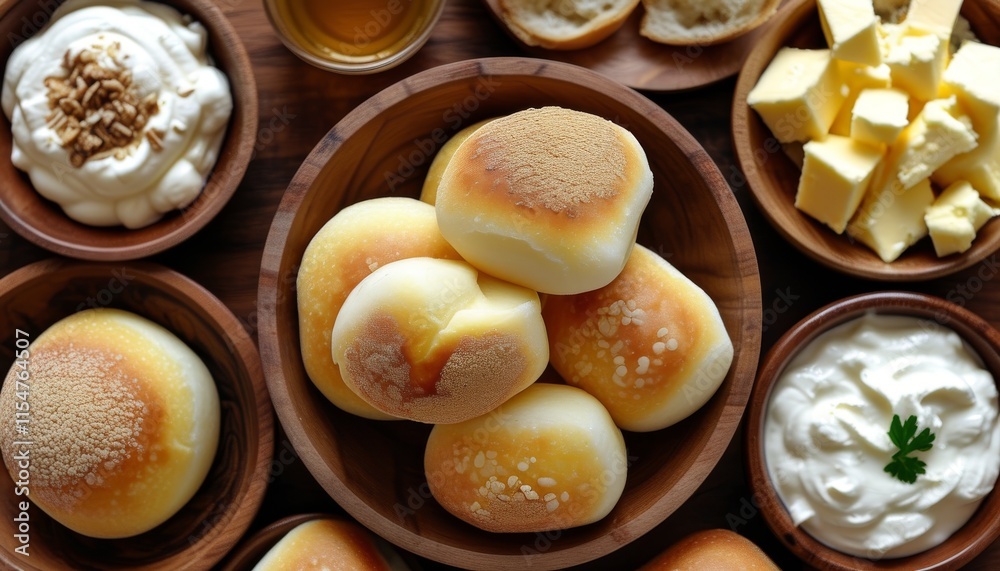 Delicious Brazilian Cheese Bread Combo on Wooden Table with Various Accompaniments Delicious Brazilian Cheese Bread Combo on Wooden Table with Various Accompaniments