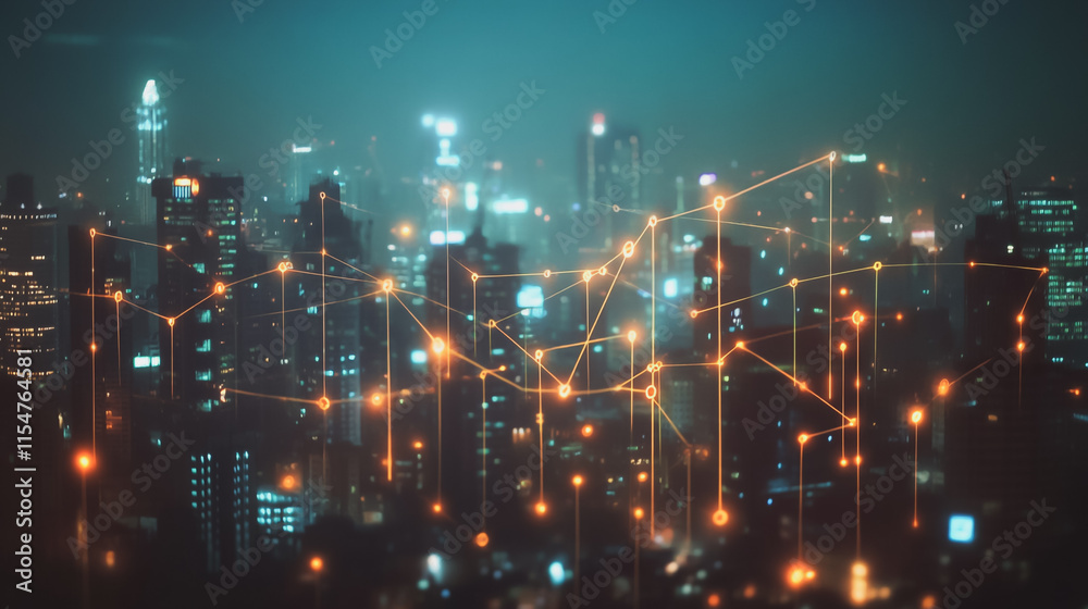 Fototapeta premium Smart digital Innovation city with connection network reciprocity over the cityscape. of future smart wireless city and social media networking systems that connects business people with in city
