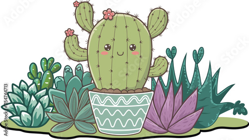 vector art illustration of a cute green potted cactus alongside various colorful succulents 
