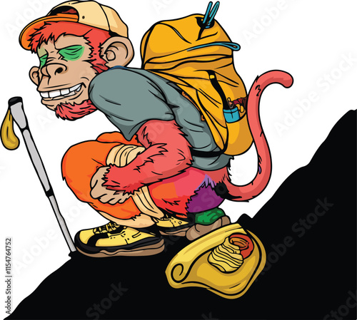 Vector art illustration of a cute monkey hiking up a mountain, set on an isolated background.