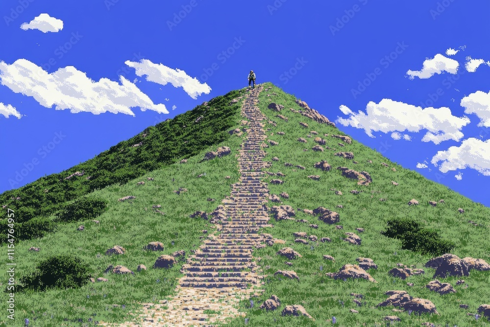A pixel art depiction of a hiker climbing a pixelated mountain trail ...