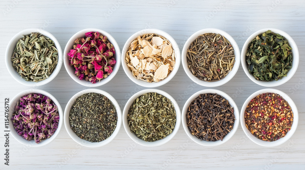 Assortment of Herbal Teas: A captivating array of dried herbs and flowers arranged in white bowls on a wooden surface, showcasing the diverse flavors and aromas of herbal tea. Assortment of Herbal Teas: A captivating array of dried herbs and flowers arranged in white bowls on a wooden surface, showcasing the diverse flavors and aromas of herbal tea.