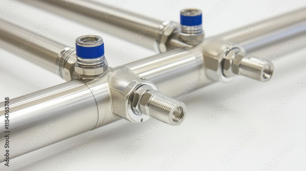 Close-up of shiny metallic industrial pipes with fittings and valves.