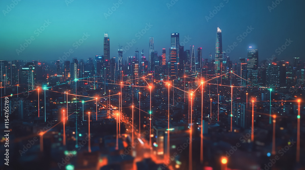 Fototapeta premium Smart digital Innovation city with connection network reciprocity over the cityscape. of future smart wireless city and social media networking systems that connects business people with in city
