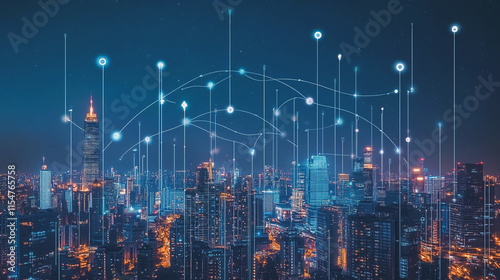 Wallpaper Mural Smart digital Innovation city with connection network reciprocity over the cityscape. of future smart wireless city and social media networking systems that connects business people with in city Torontodigital.ca