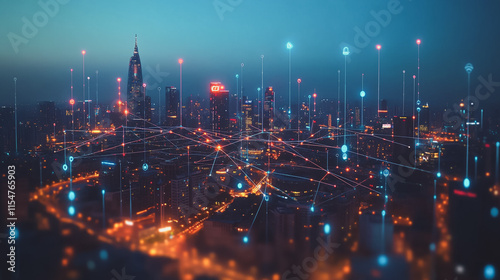 Wallpaper Mural Smart digital Innovation city with connection network reciprocity over the cityscape. of future smart wireless city and social media networking systems that connects business people with in city Torontodigital.ca