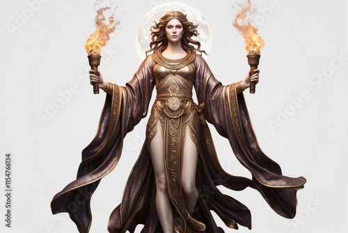 Goddess figure holding burning torches, moonlit background. photo