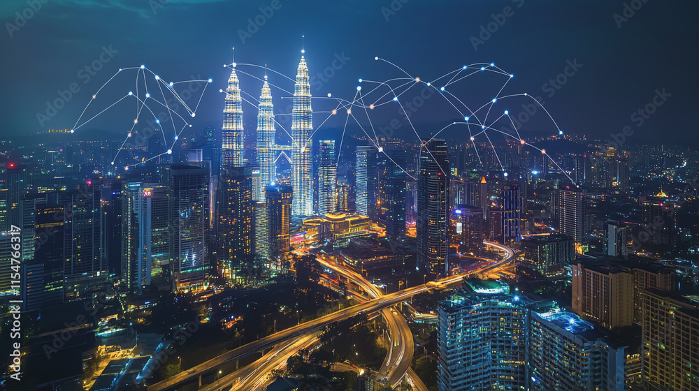 Fototapeta premium Smart digital Innovation city with connection network reciprocity over the cityscape. of future smart wireless city and social media networking systems that connects business people with in city