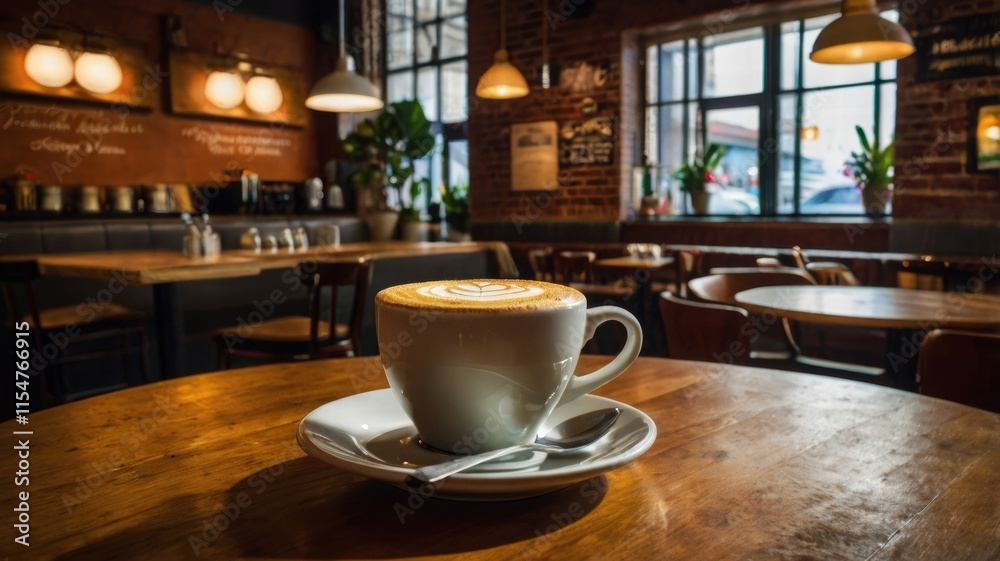 Fototapeta premium Cozy Coffee Cup on Wooden Table in Modern Cafe Interior