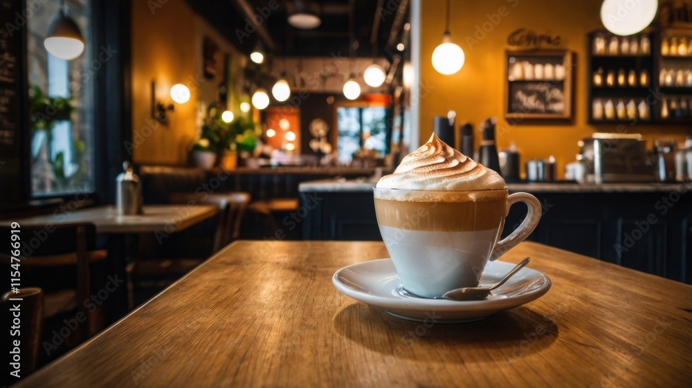 Cozy Cafe Setting With Delicious Latte Art in Bright Interior Cozy Cafe Setting With Delicious Latte Art in Bright Interior
