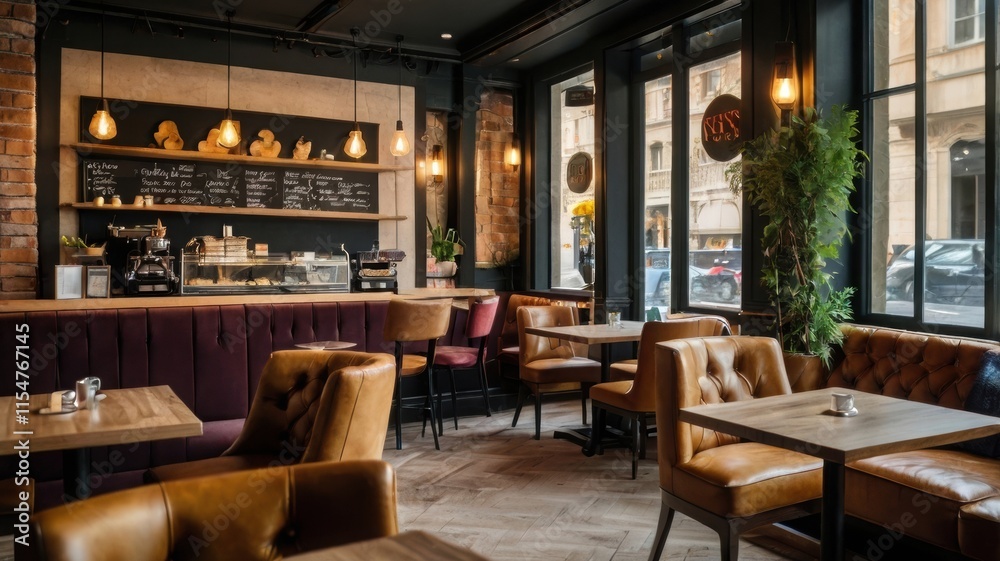 Cozy Urban Café Interior with Brown Leather Chairs and Warm Lighting Cozy Urban Café Interior with Brown Leather Chairs and Warm Lighting