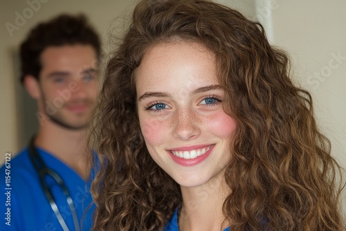 A smiling nurse assisting a doctor during a routine check-up for a patient in an HMO-supported clinic