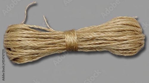 Beige natural fiber rope, tightly wound and tied in the middle. photo