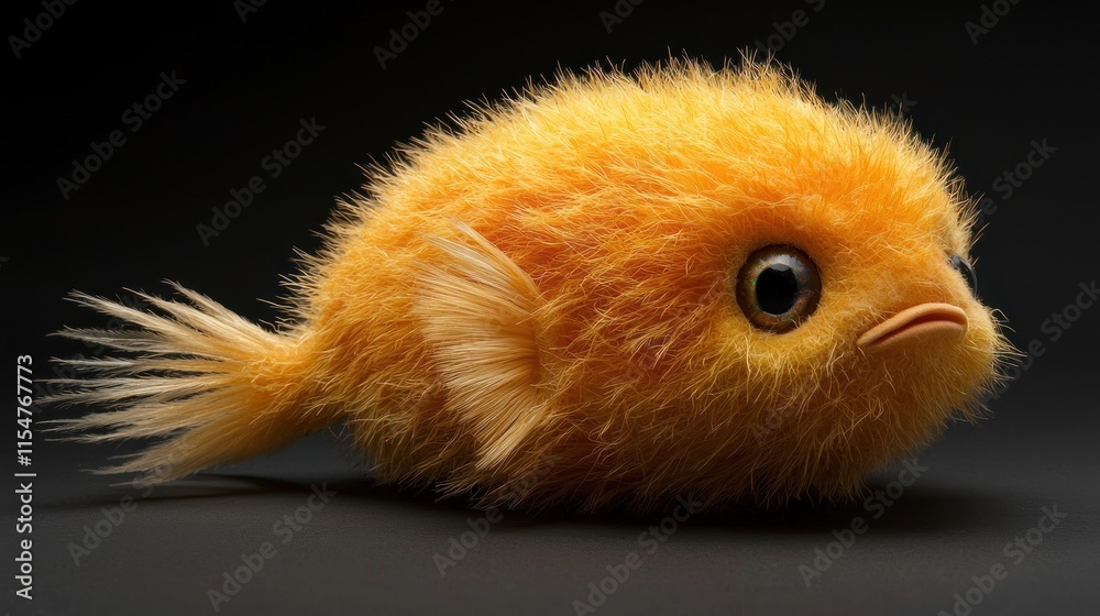 Obraz premium Cute orange fluffy fish toy on black background.