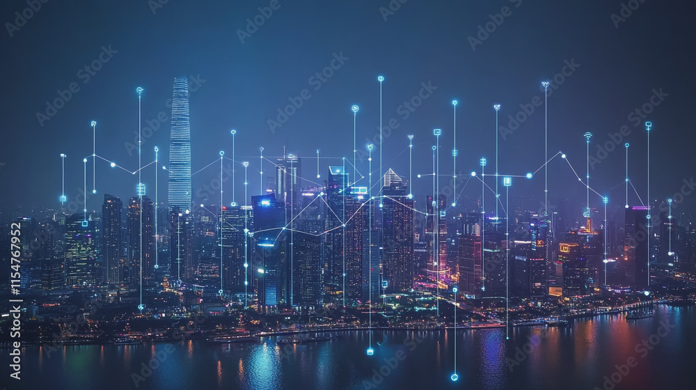 Fototapeta premium Smart digital Innovation city with connection network reciprocity over the cityscape. of future smart wireless city and social media networking systems that connects business people with in city