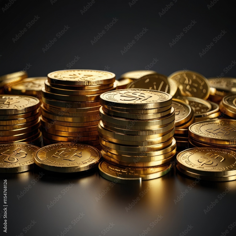 Scattered across a clear backdrop are piles of shiny gold coins. The notion of banking and finance