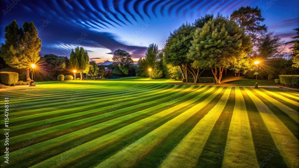 Obraz premium Night's embrace reveals dark green lawn stripes, a landscape bathed in low light, nature's nocturnal beauty.