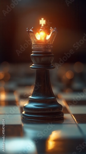 Crowned Authority, a luminous crown resting on a chess king piece, symbolizes strategic leadership in the business arena. photo