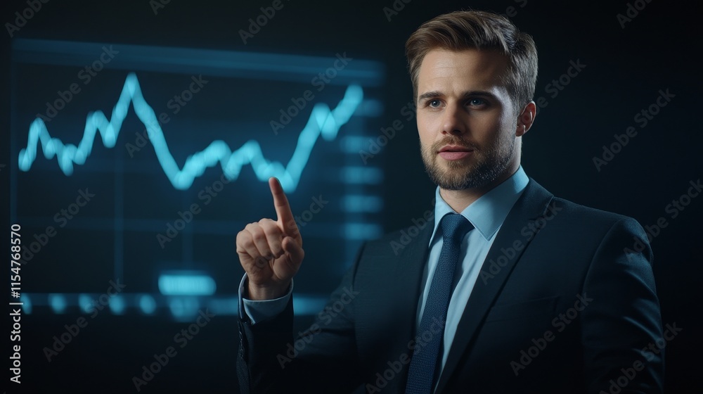 Confident businessman presenting data insights in modern office environment Confident businessman presenting data insights in modern office environment