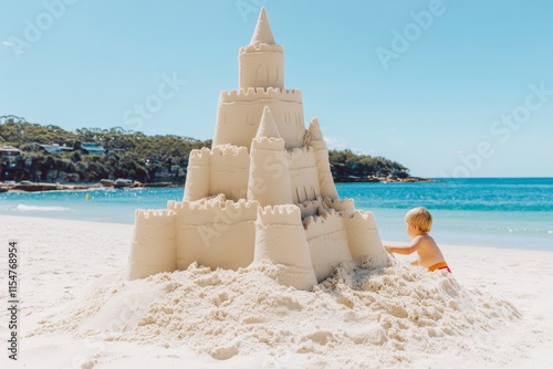 A young child helping their sibling build a sandcastle at the beach, with soft, sunny lighting