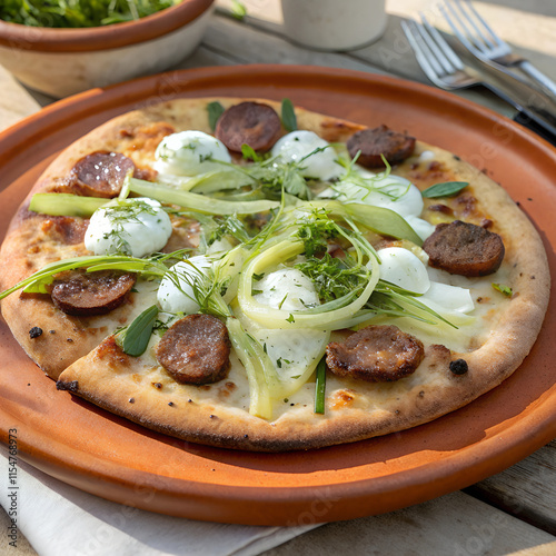 California-inspired pizza with fennel sausage, panna, and scallions on a terracotta plate with bright lighting