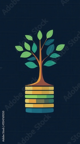 Tree of Prosperity, emblematic logo showcasing a tree emerging from coins, symbolizing sustainable growth and eco-friendly enterprise. photo