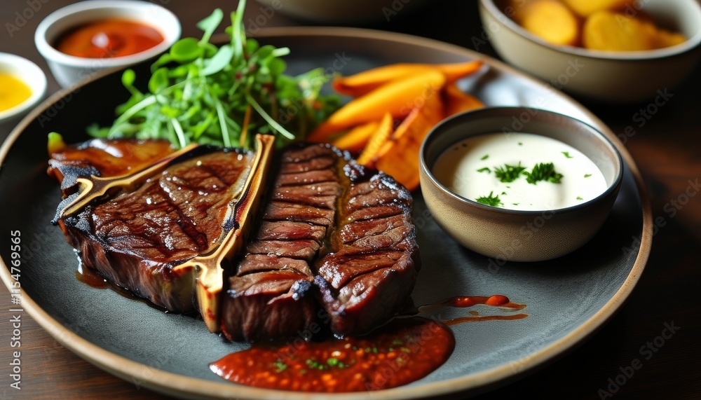 Grilled Picanha Steak with Sides and Sauces on Elegant Dinner Plate Grilled Picanha Steak with Sides and Sauces on Elegant Dinner Plate
