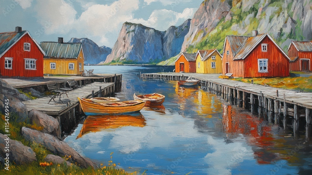 Fototapeta premium A Nordic village by a fjord, quaint wooden houses painted in red and yellow, surrounded by rugged cliffs, a wooden pier with fishing boats, reflections in the still water 