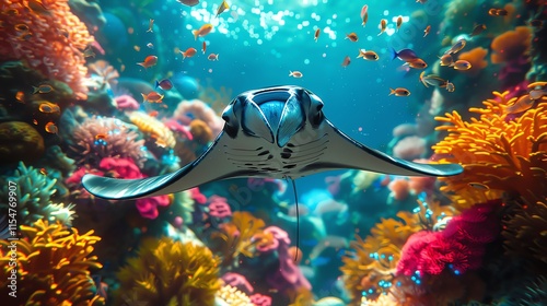 Manta ray swims over vibrant coral reef.