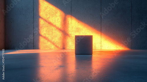 Solitary cube of light casting gradient shadow across smooth surface evokes themes of order within chaos minimalism creativity duality contrasts conceptual depth modern art with caption space aside

 photo