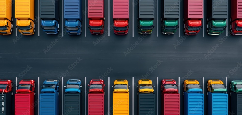 Fototapeta premium Aerial view of colorful parked trucks in organized rows.