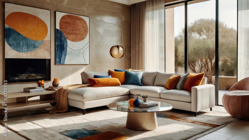 Fototapeta premium modern luxurious living room, floor-to-ceiling windows, city skyline view, abstract colorful wall art, white modular sofa, orange accent pillows, round wooden coffee table, beige rug, warm lighting, m