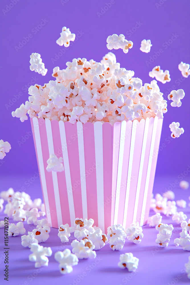 A fun and vibrant image of a red-and-white striped bucket overflowing with popcorn, with flying kernels captured mid-air against a bold orange backdrop A fun and vibrant image of a red-and-white striped bucket overflowing with popcorn, with flying kernels captured mid-air against a bold orange backdrop