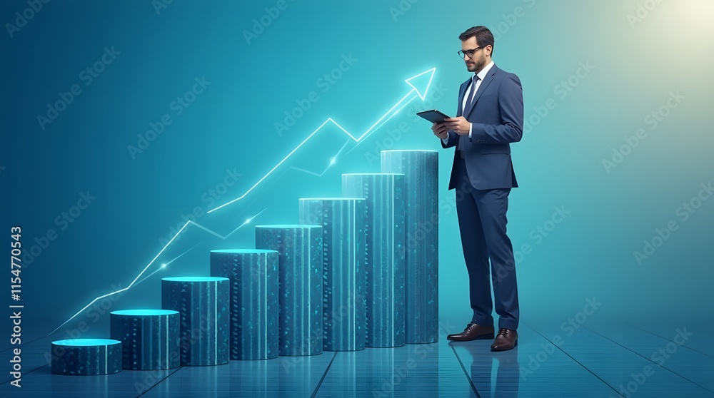 Businessman illustrates growth graph and analyzes financial data for strategic business planning and investment progress on a blue background
Businessman illustrates growth graph and analyzes financial data for strategic business planning and investment progress on a blue background
