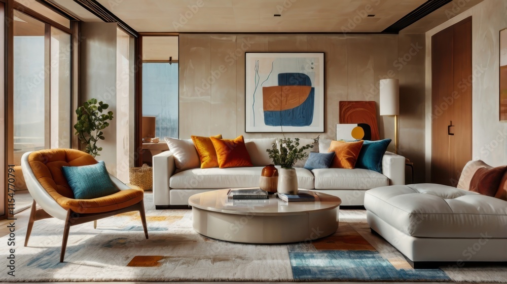 Fototapeta premium modern luxurious living room, floor-to-ceiling windows, city skyline view, abstract colorful wall art, white modular sofa, orange accent pillows, round wooden coffee table, beige rug, warm lighting, m