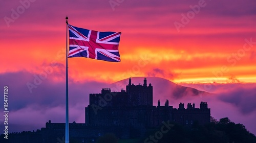 Majestic British Flag at Sunrise Over Timeless Castle and Mountains