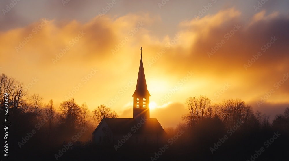 Obraz premium Serene Sunrise Over Church Steeple Amidst Majestic Cloudscape