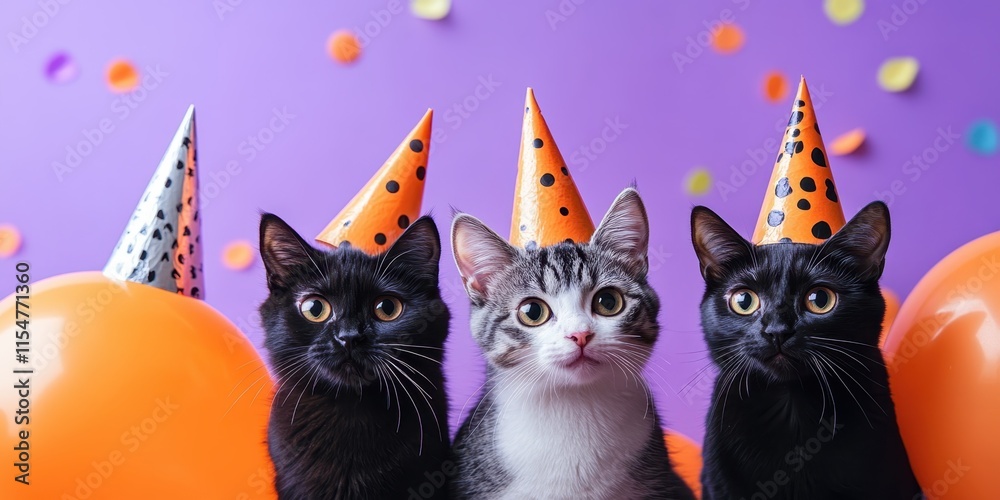 Obraz premium Cute cats wearing party hats, Halloween party, black cats and gray tabby, orange balloons, purple background, confetti, festive atmosphere, whimsical pet portrait, high detail, studio lighting, vibran