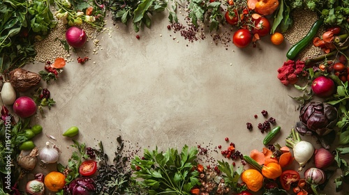 Fresh Vegetables and Herbs Arrangement on Rustic Background