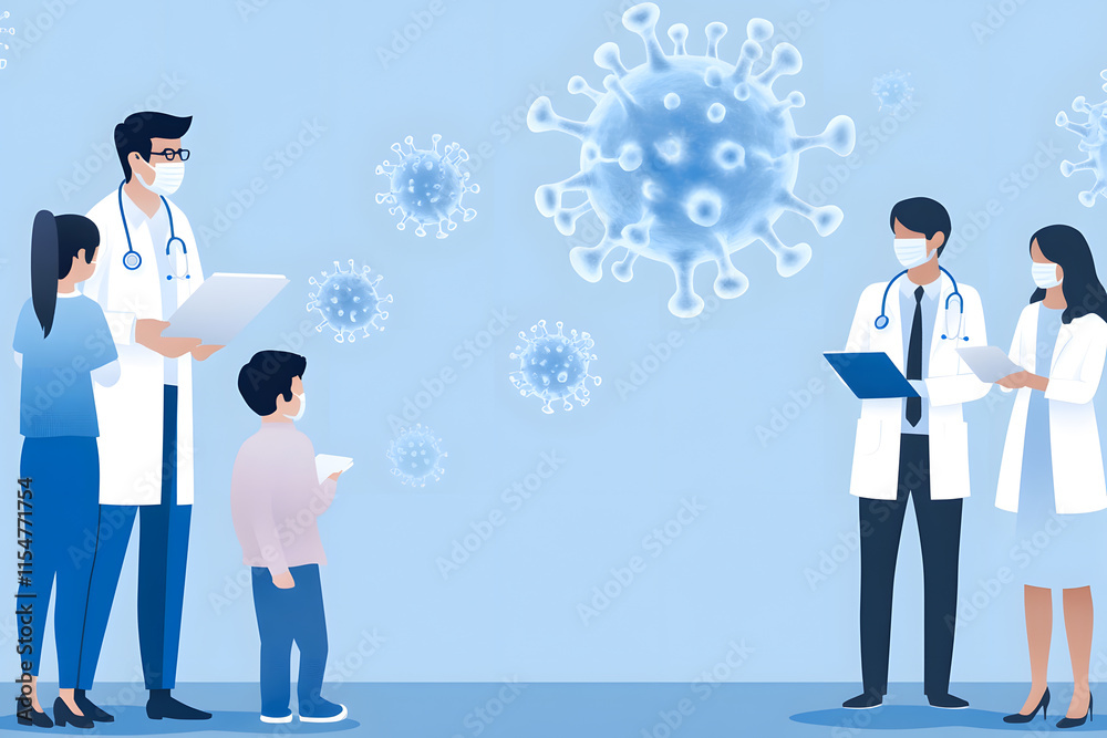 Healthcare professionals discussing covid-19 precautions with a child in a medical setting Healthcare professionals discussing covid-19 precautions with a child in a medical setting