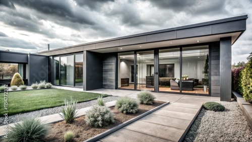 Wallpaper Mural A unique flat-roof home boasts panoramic windows, showcasing a stunning interior yard landscape and striking exterior. Torontodigital.ca