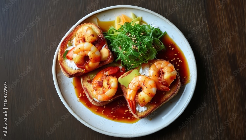Crispy Prawn Toast with Garnish and Sauce on Elegant Plate for Upscale Dinner Setting Crispy Prawn Toast with Garnish and Sauce on Elegant Plate for Upscale Dinner Setting