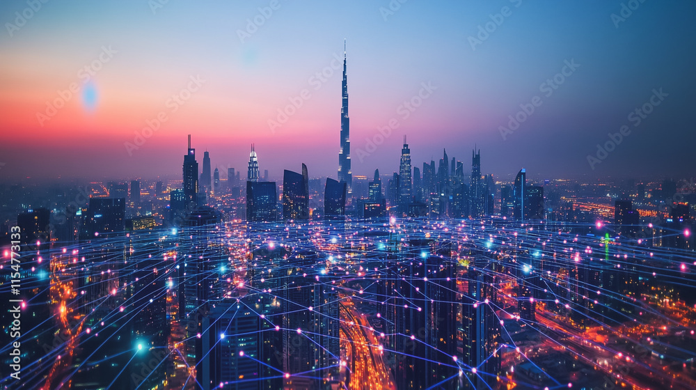 Fototapeta premium Smart digital Innovation city with connection network reciprocity over the cityscape. of future smart wireless city and social media networking systems that connects business people with in city