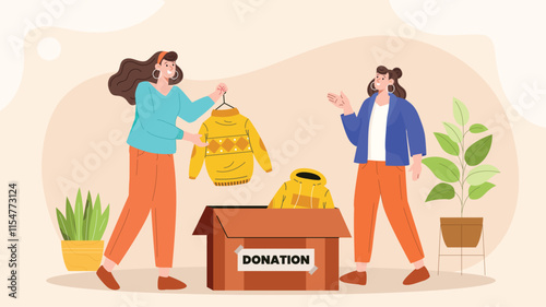 A colorful scene featuring volunteers packing goods, distributing food, and engaging in charitable activities with smiles and vibrant elements.