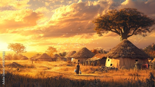 A remote African village under the vast savannah sky, round mud huts with thatched roofs, baobab trees scattered around, villagers carrying water jugs, warm golden light 