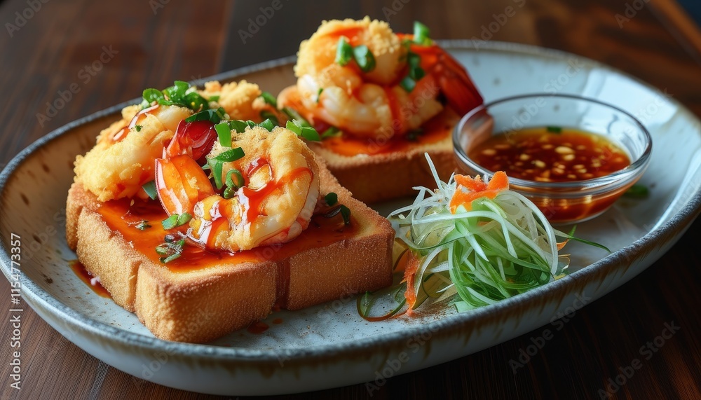 Crispy Prawn Toast with Sauce and Fresh Vegetables Served on Elegant Plate Crispy Prawn Toast with Sauce and Fresh Vegetables Served on Elegant Plate